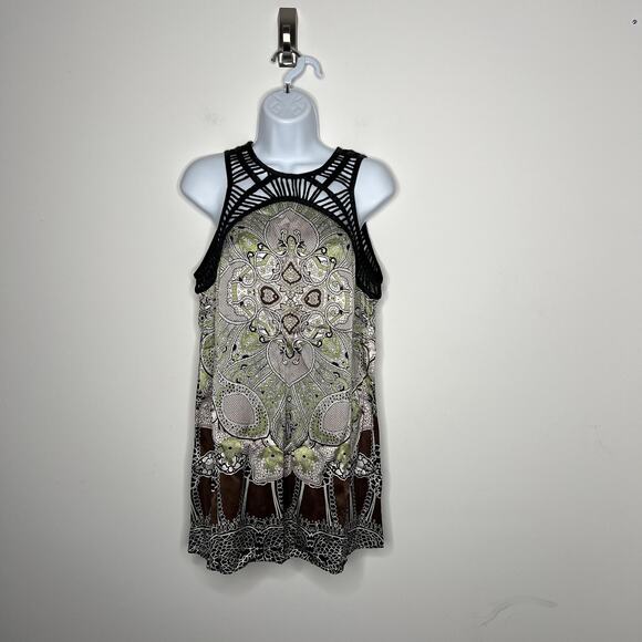 Etcetera Dress Womens 8 Black Green Silk Sleeveless Crochet Boho Keyhole Back - Picture 1 of 11